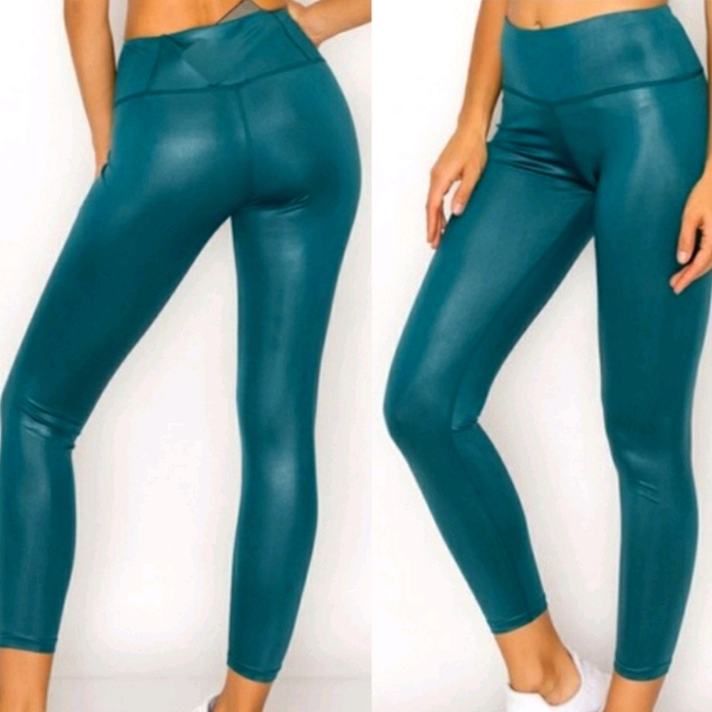 Teal Faux Leather High-Waist Matte Shine Leggings